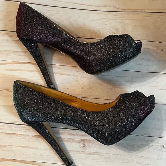❣️Badgley Mischka Humbie IV Purple Shimmer Sparkle Peep Toe Sz 9 High Heels - Picture 6 of 10